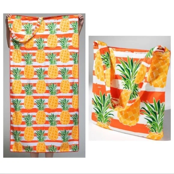 🧡RESTOCKED🧡New tangerine pineapple bag convertible beach towel🍍🍍 - Picture 1 of 9